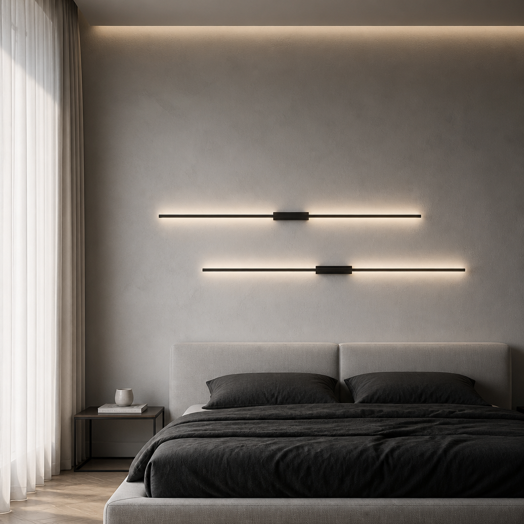 Pair of horizontal black line wall lamps flanking a bed as symmetrical bedside lighting in a modern bedroom