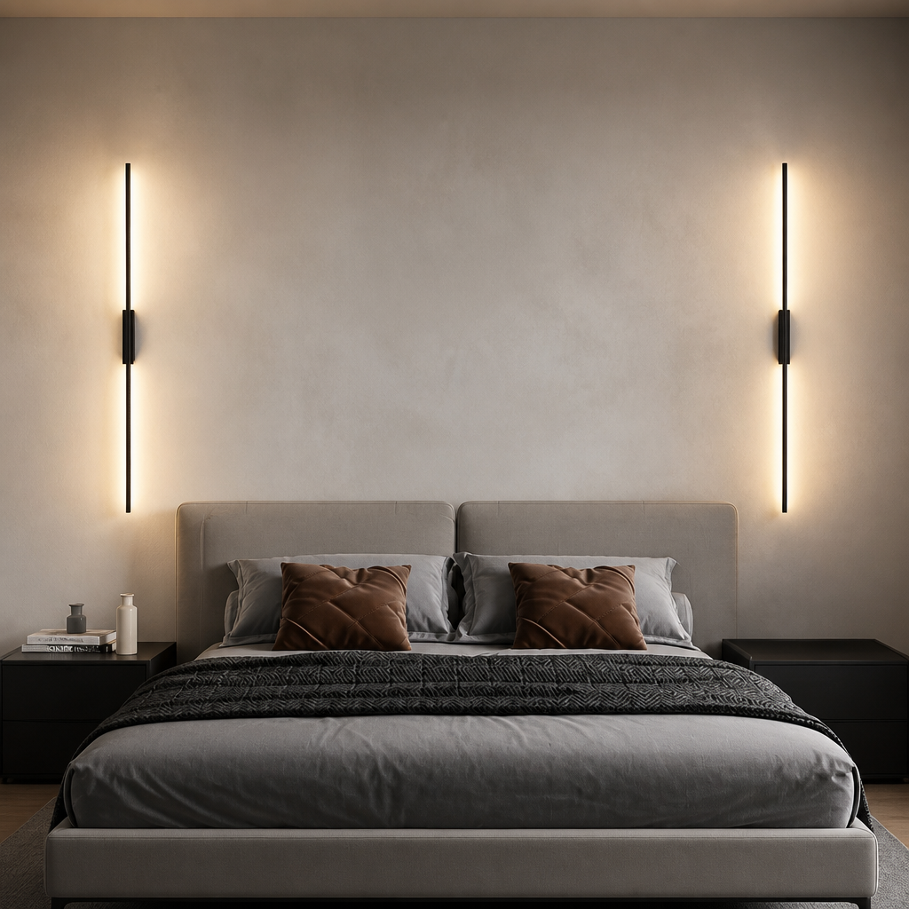 Pair of vertical black line wall lamps flanking a bed as symmetrical bedside lighting in a modern bedroom