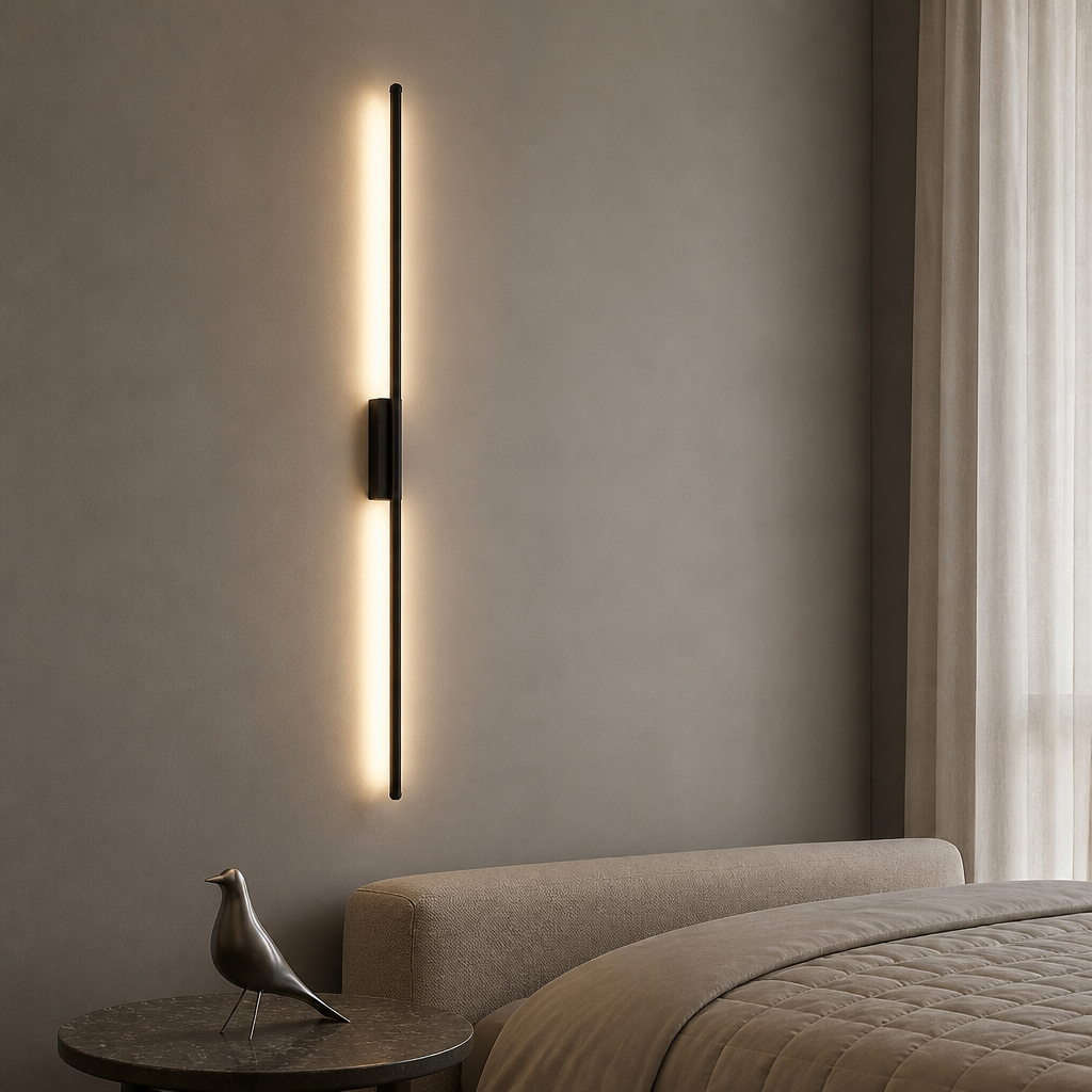 Single vertical black line bar wall lamp with warm glow above a textured sofa and decorative bird sculpture