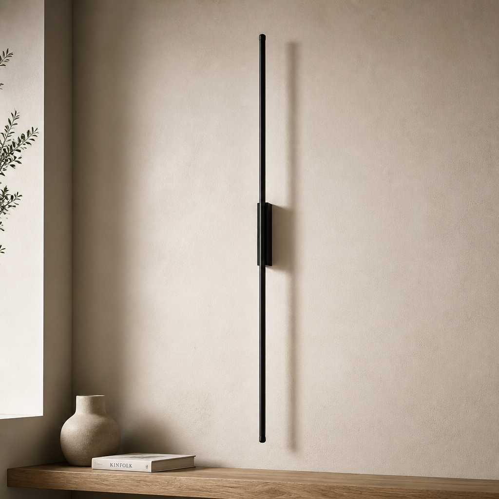 Modern black wall-mounted light fixture on a neutral wall with a wooden shelf and decorative items.