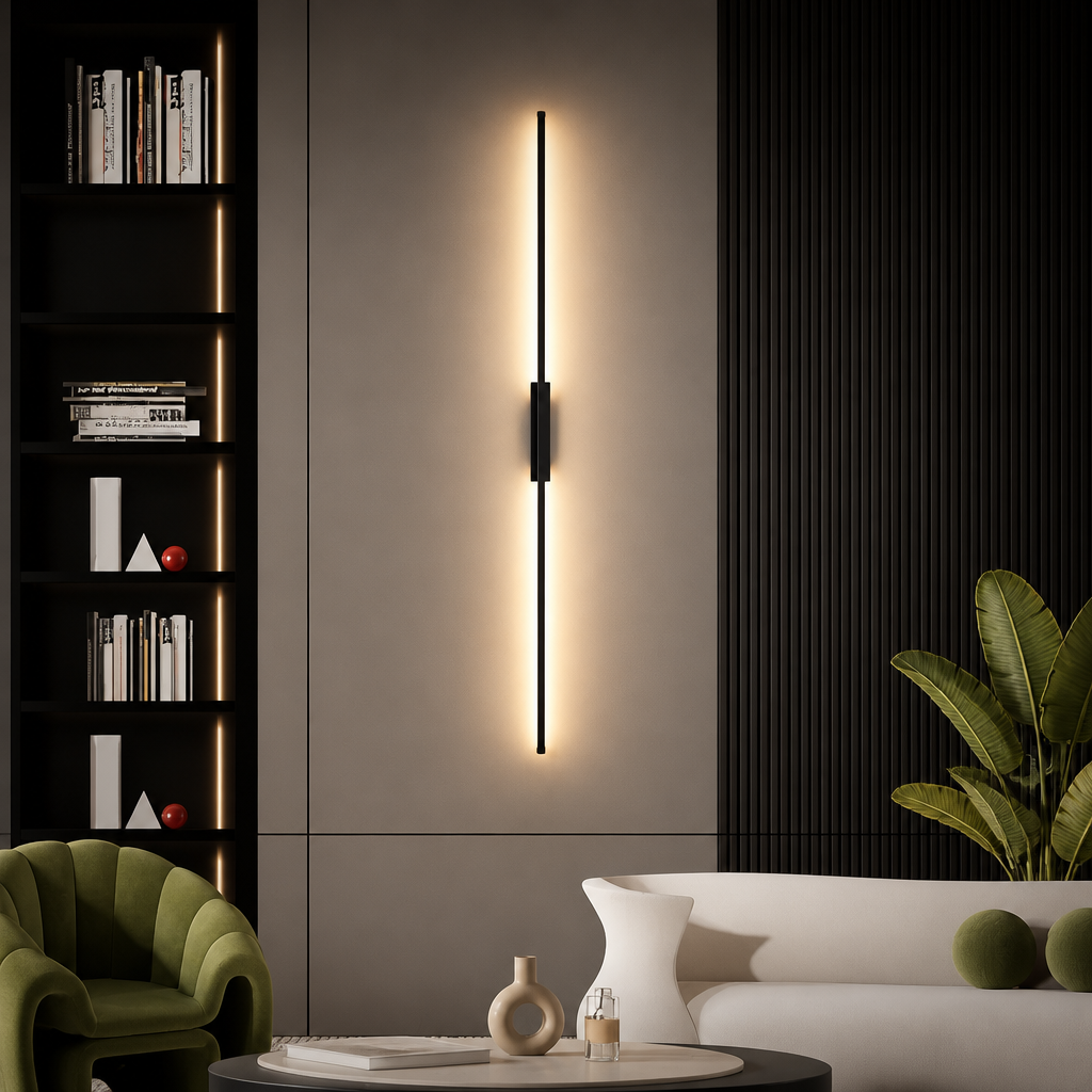 Vertical black line bar wall lamp casting warm light in a contemporary home study and living space