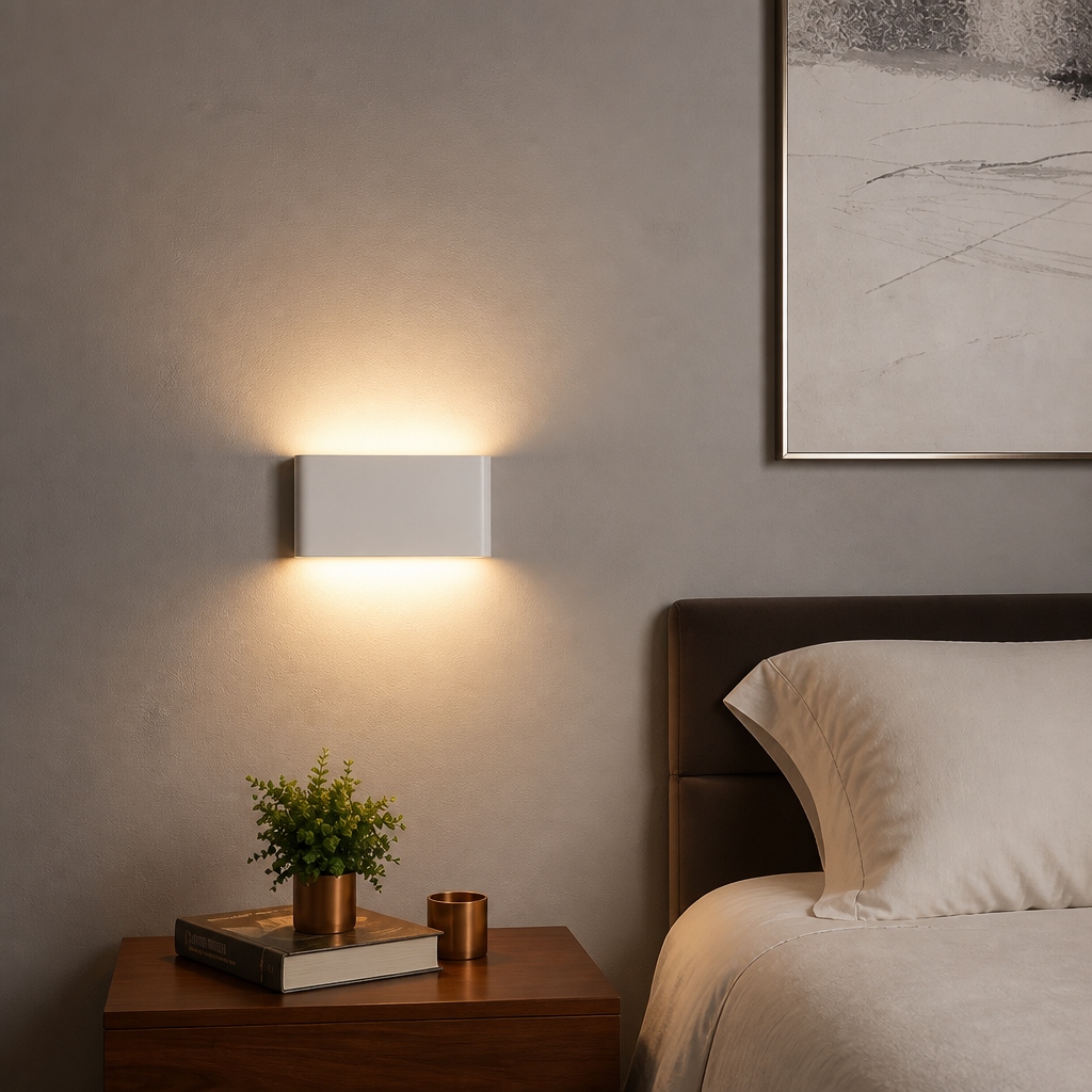  White 12W LED wall light casting a warm white glow 