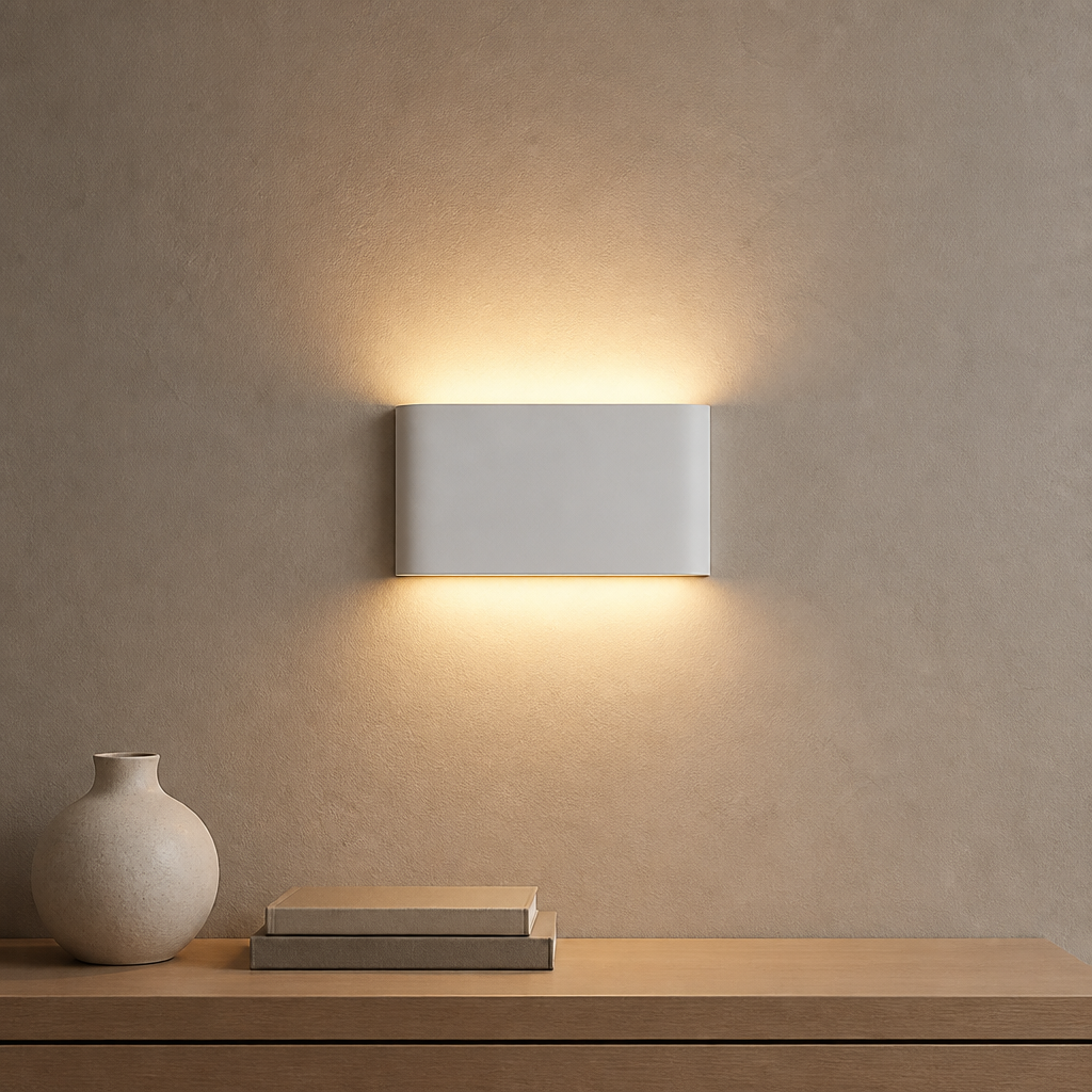  White 12W LED wall light casting a warm white glow 