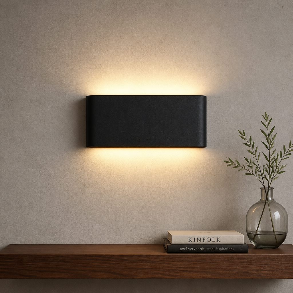 Black 20W LED wall light with warm white glow