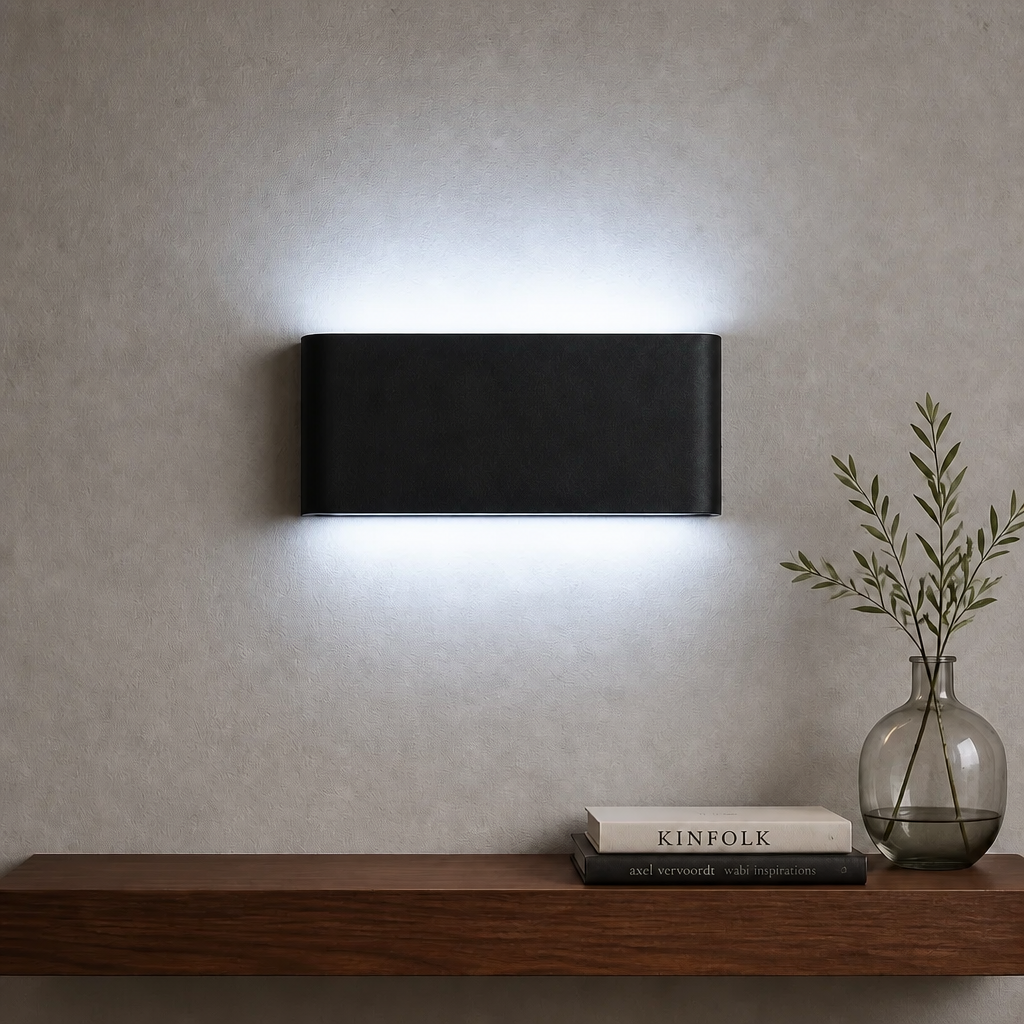 Black 20W LED wall light with cool white glow
