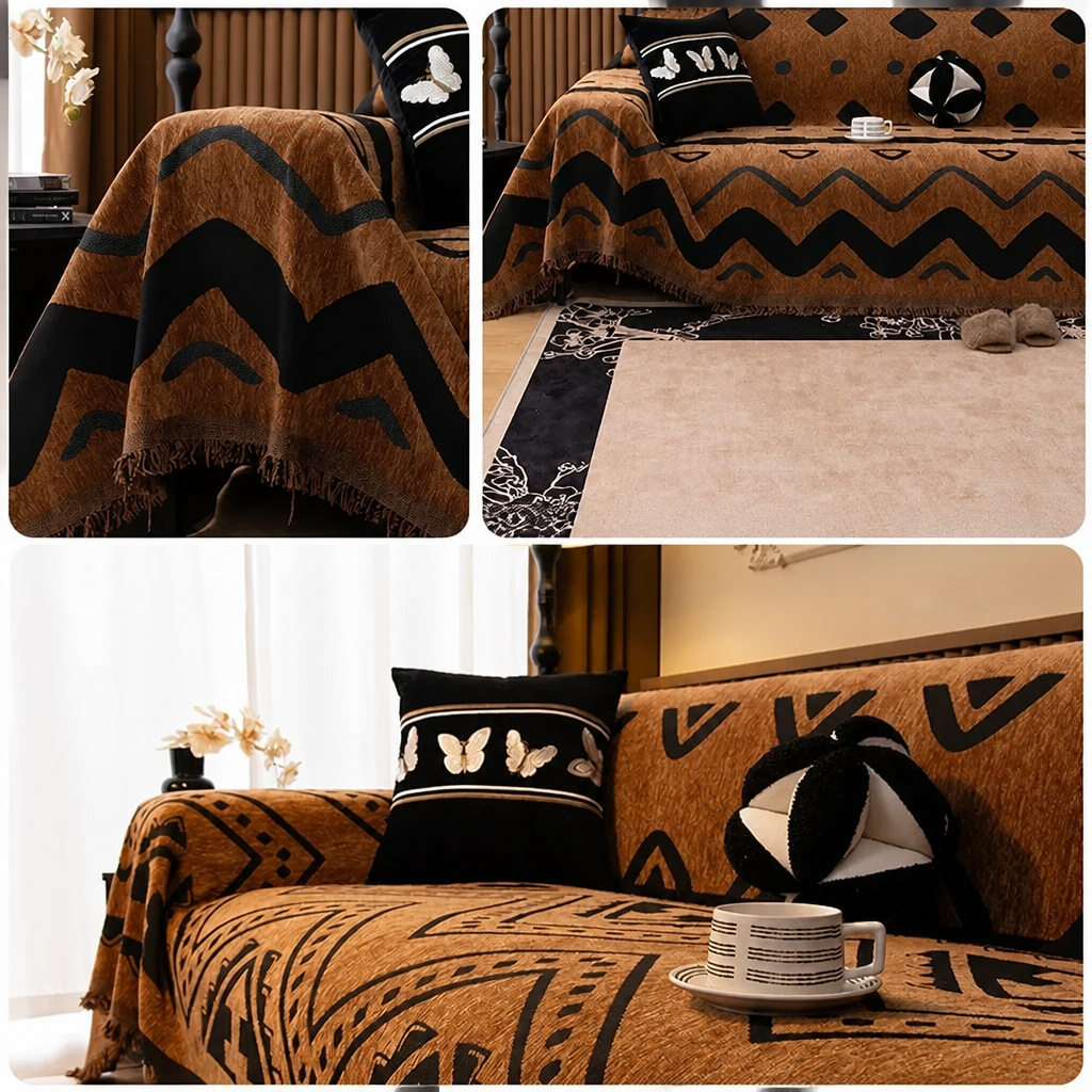 Collage of a brown and black patterned sofa with decorative pillows and a blanket.