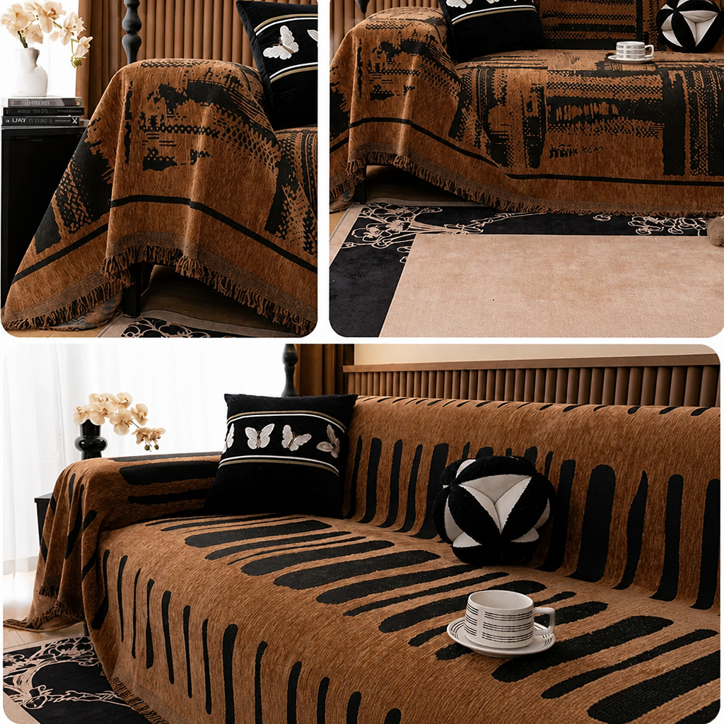 Brown patterned throw blanket and pillows on a sofa with a decorative setting.