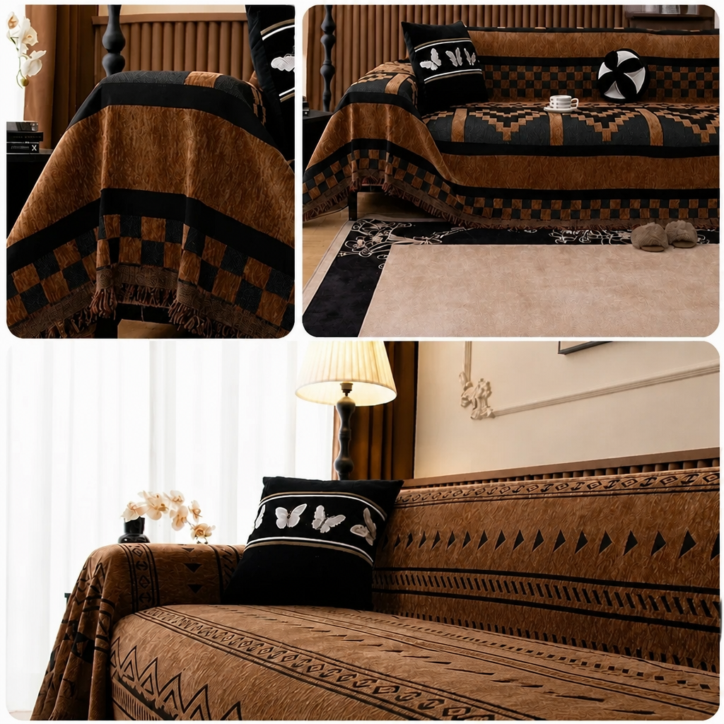 Collage of a patterned brown sofa with decorative pillows and a blanket.