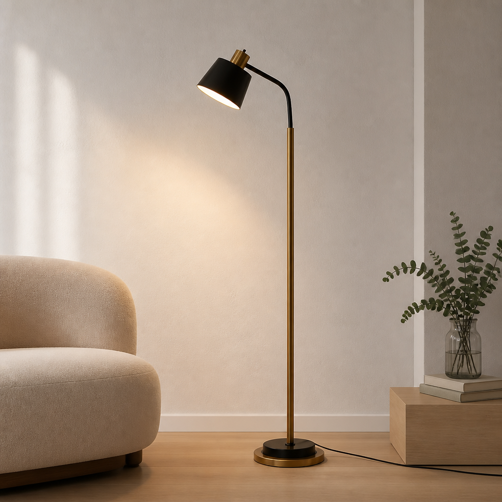 Black arc floor lamp beside a cream sofa in a bright living room