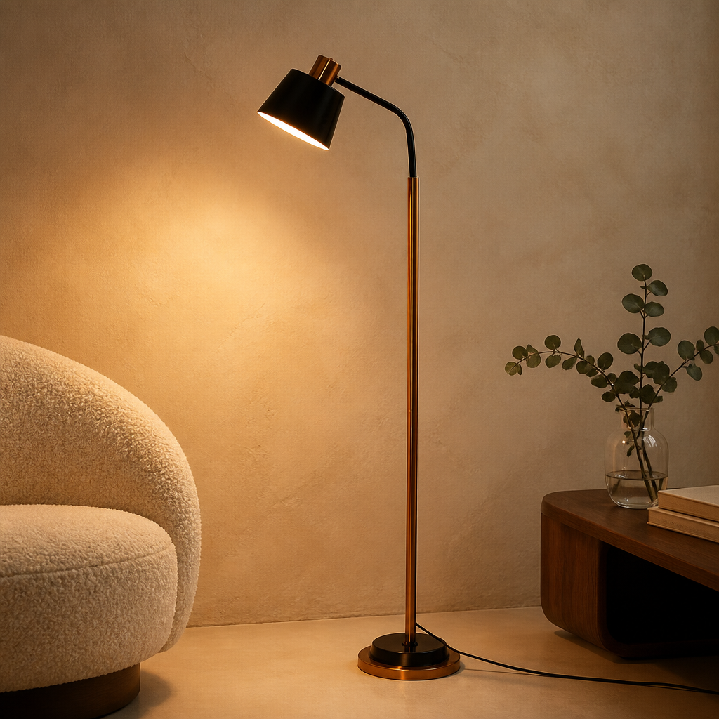 Black arc floor lamp beside a cream sofa in a bright living room
