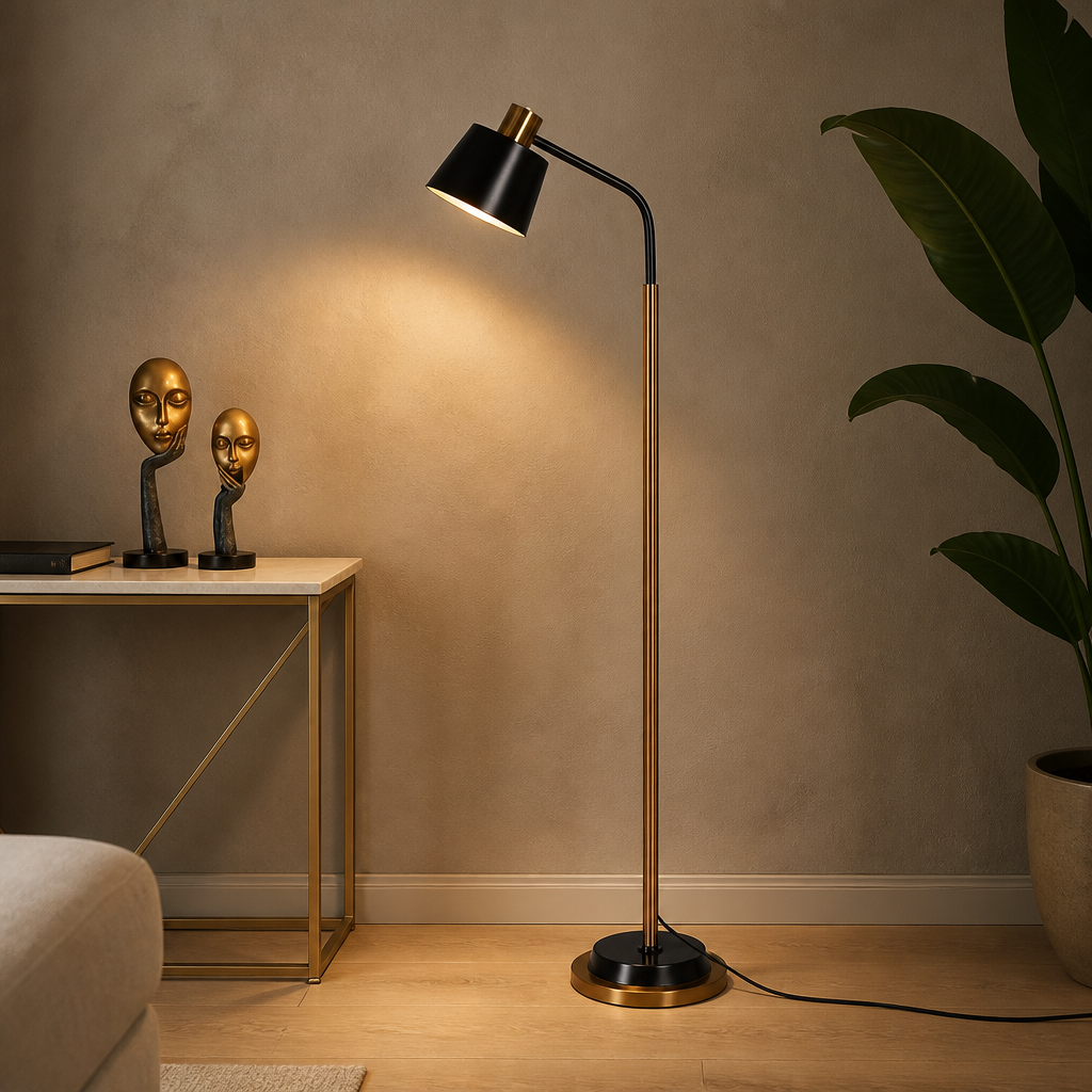 A black floor lamp in a room with a side table and decorative items.