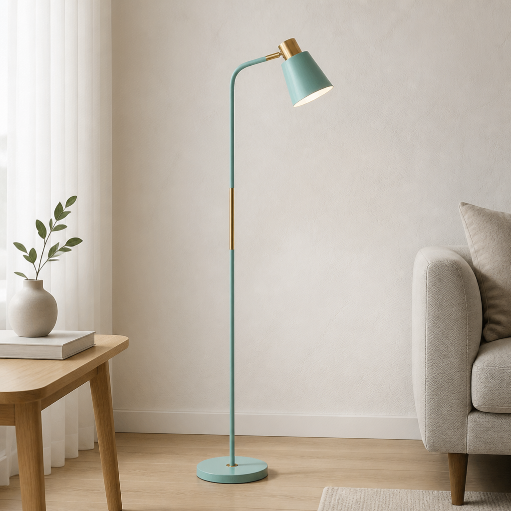 Green Nordic floor lamp with brass accent and round base