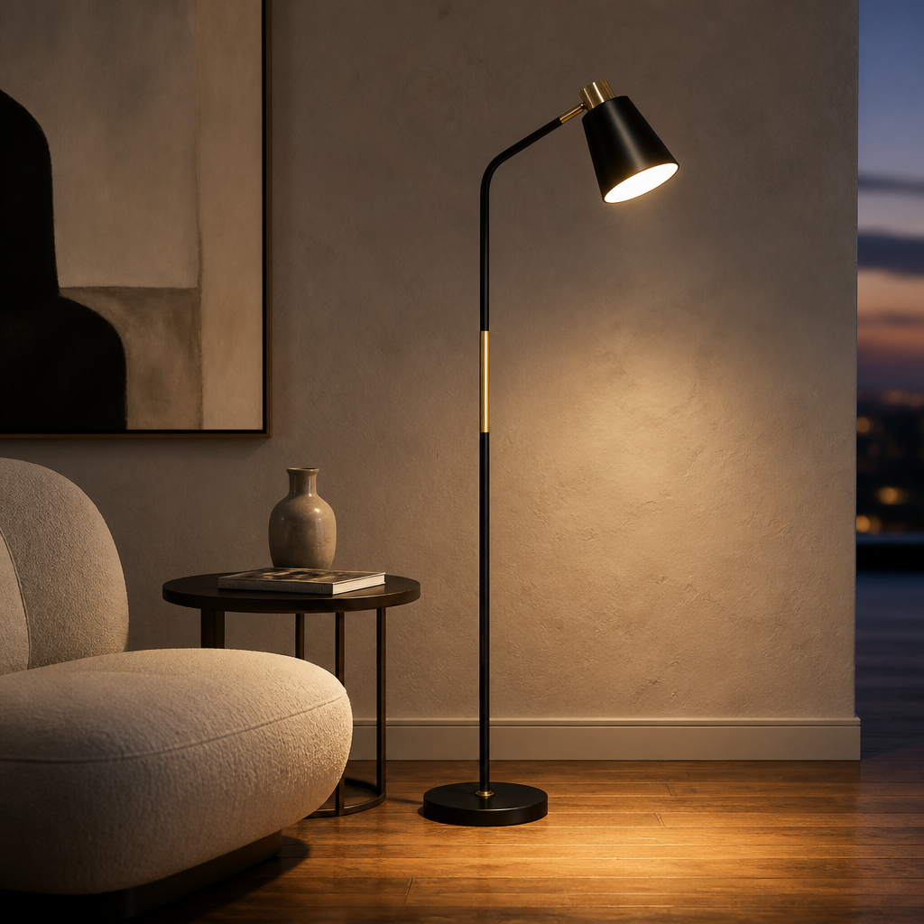 Black Nordic floor lamp with adjustable head and stable base