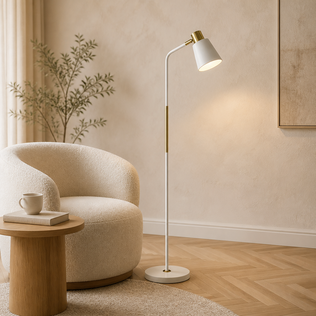 White Nordic floor lamp with slim metal body and brass detail