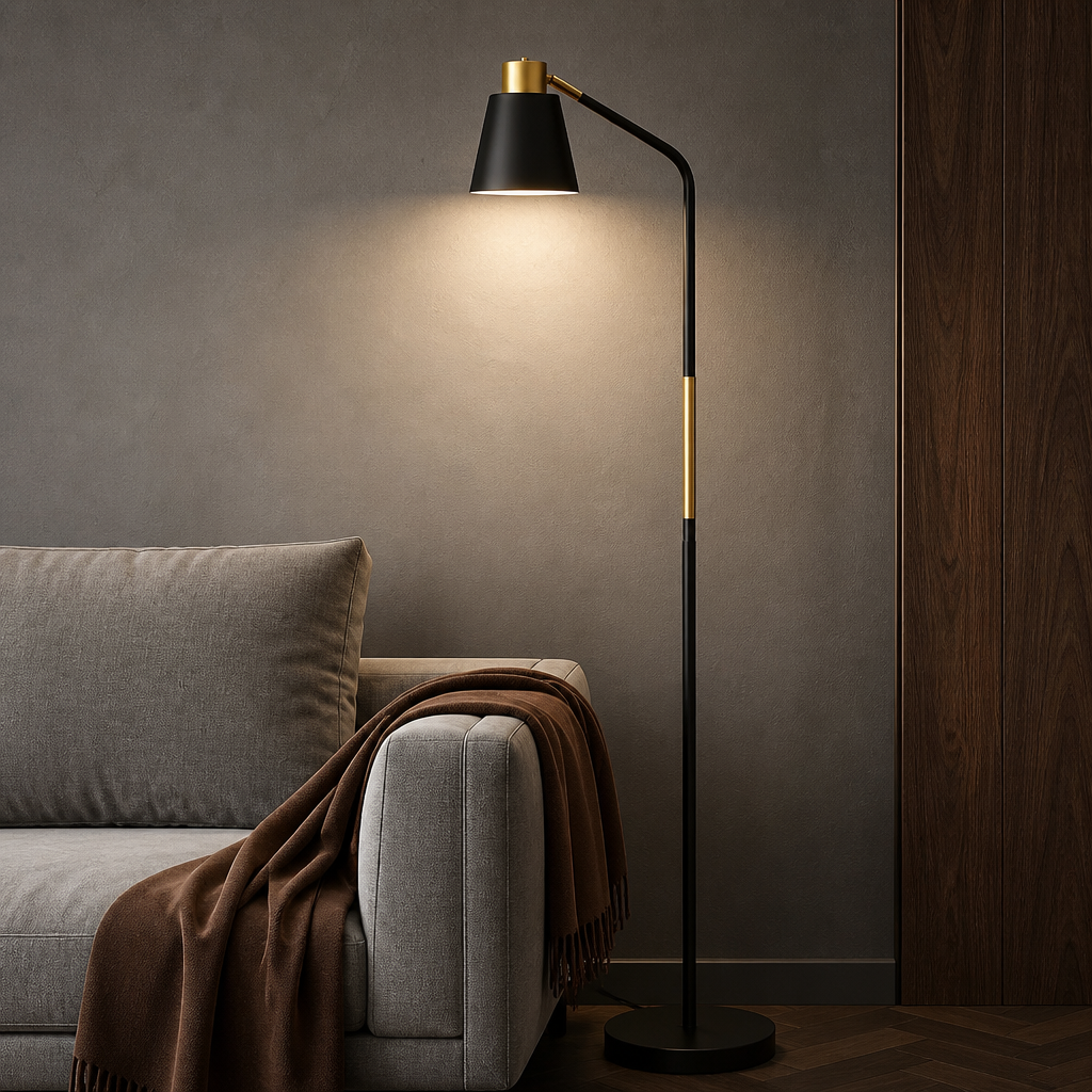 Black Nordic floor lamp with adjustable head and stable base