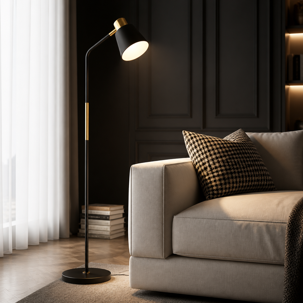Black Nordic floor lamp with adjustable head and stable base