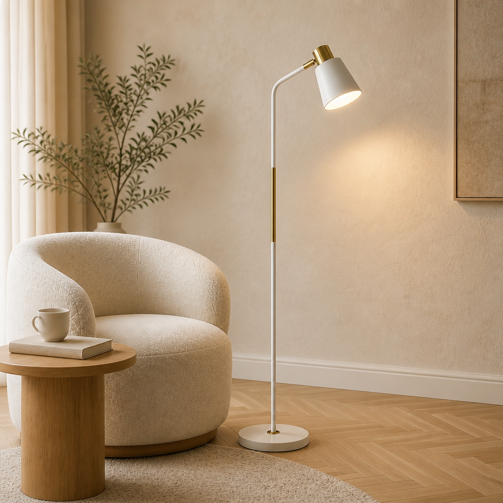White Nordic floor lamp with slim metal body and brass detail