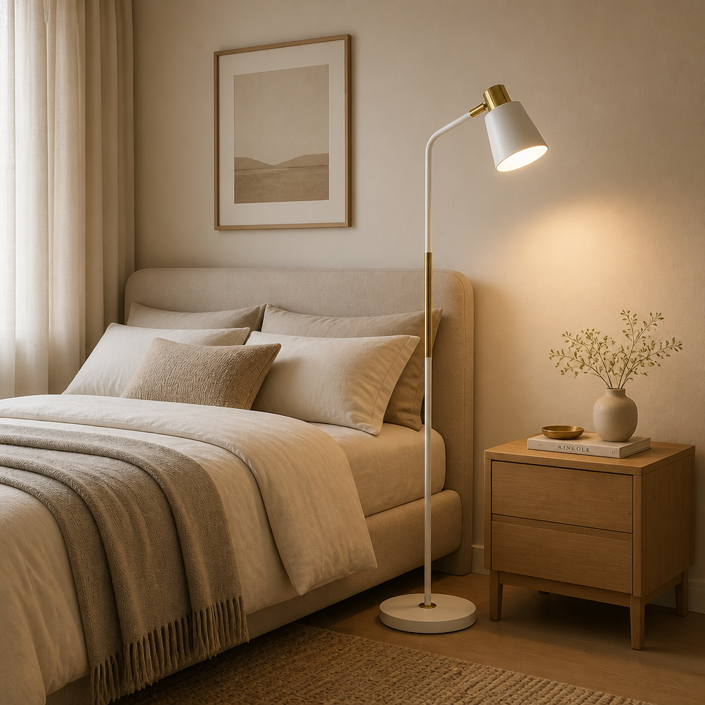White Nordic floor lamp with slim metal body and brass detail