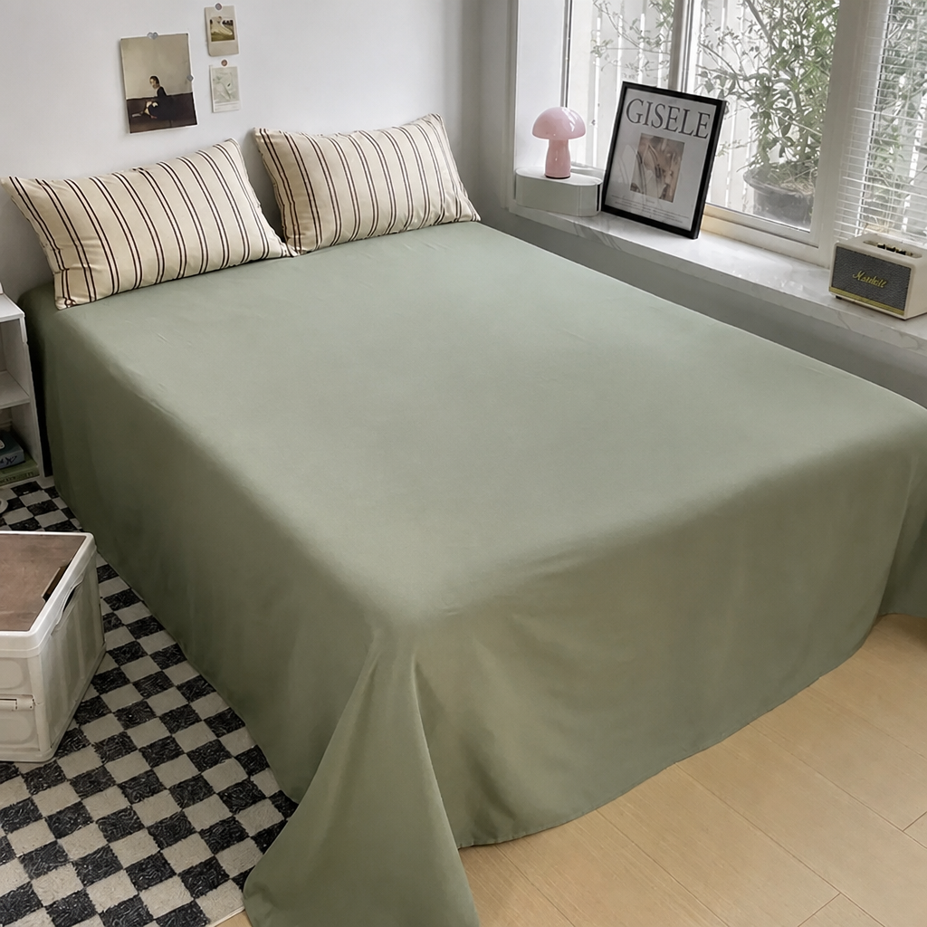 Bed with a green sheet and beige-and-black striped pillowcases in a room with a window and decor items.