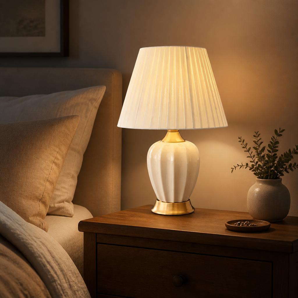 Cream-ribbed ceramic table lamp with a pleated shade and a brass base.