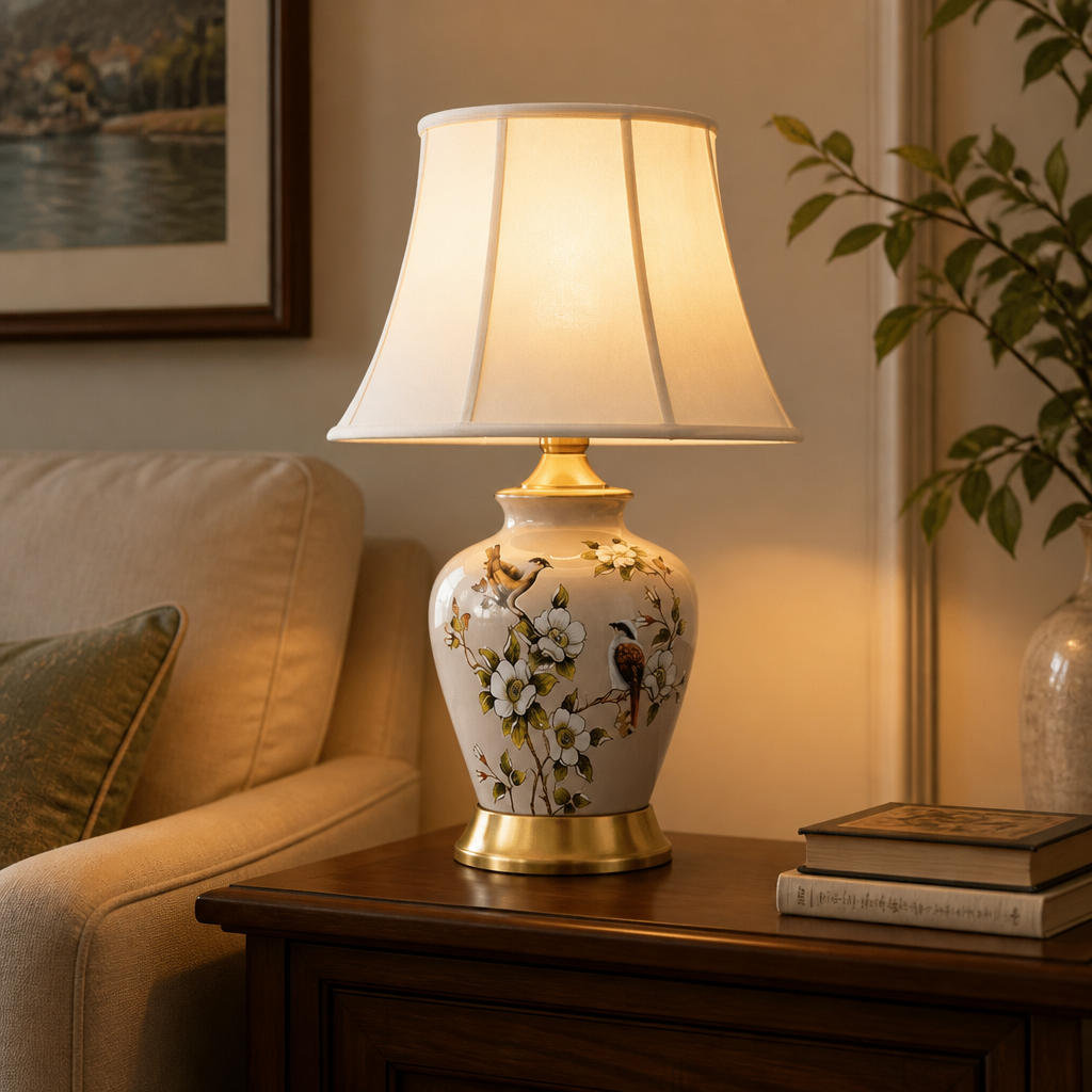 Decorative table lamp with floral design on a wooden side table in a living room setting.