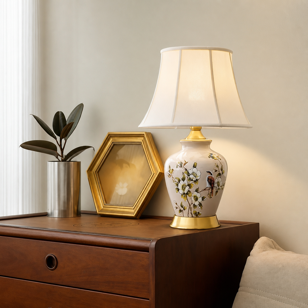 Hand-Painted Ceramic Table Lamp – Brass Base, Dimmable