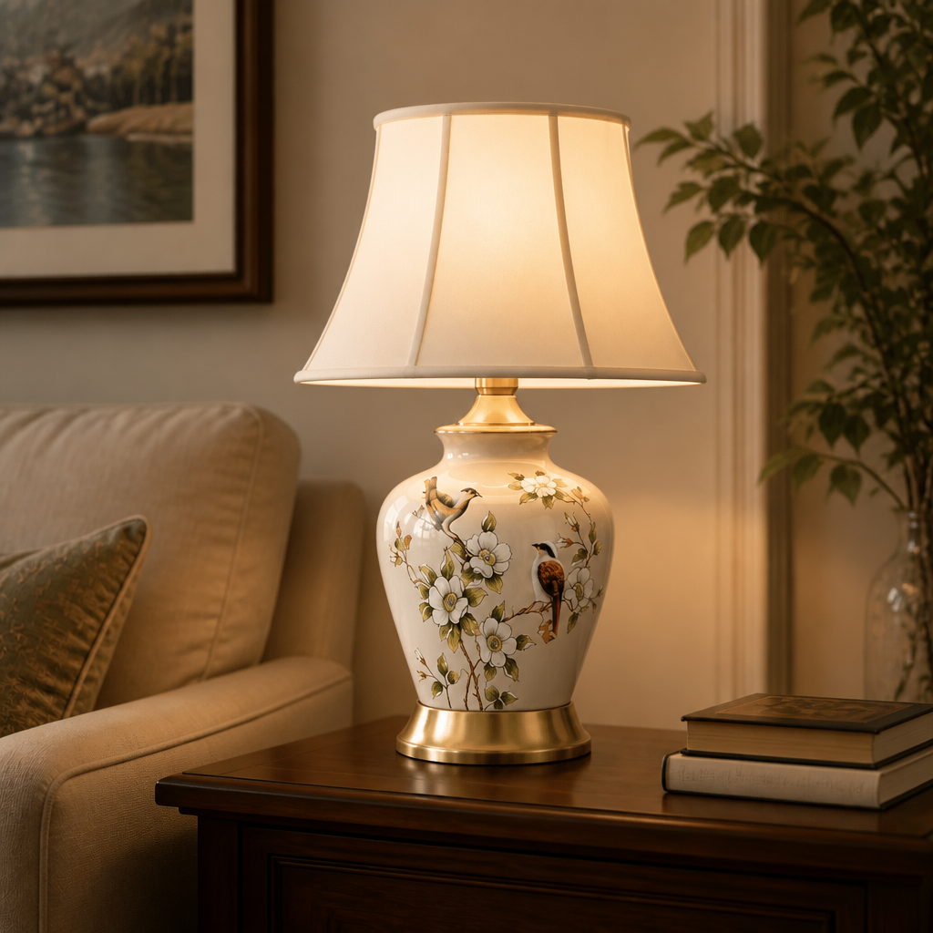 Decorative table lamp with floral design on a wooden side table in a living room setting.