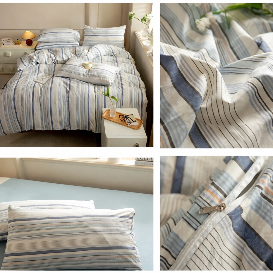 Collage of striped bedding set in a bedroom setting