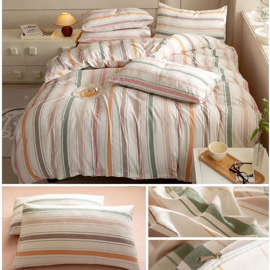Striped bedding set with pillows and duvet on a bed, surrounded by bedroom decor.