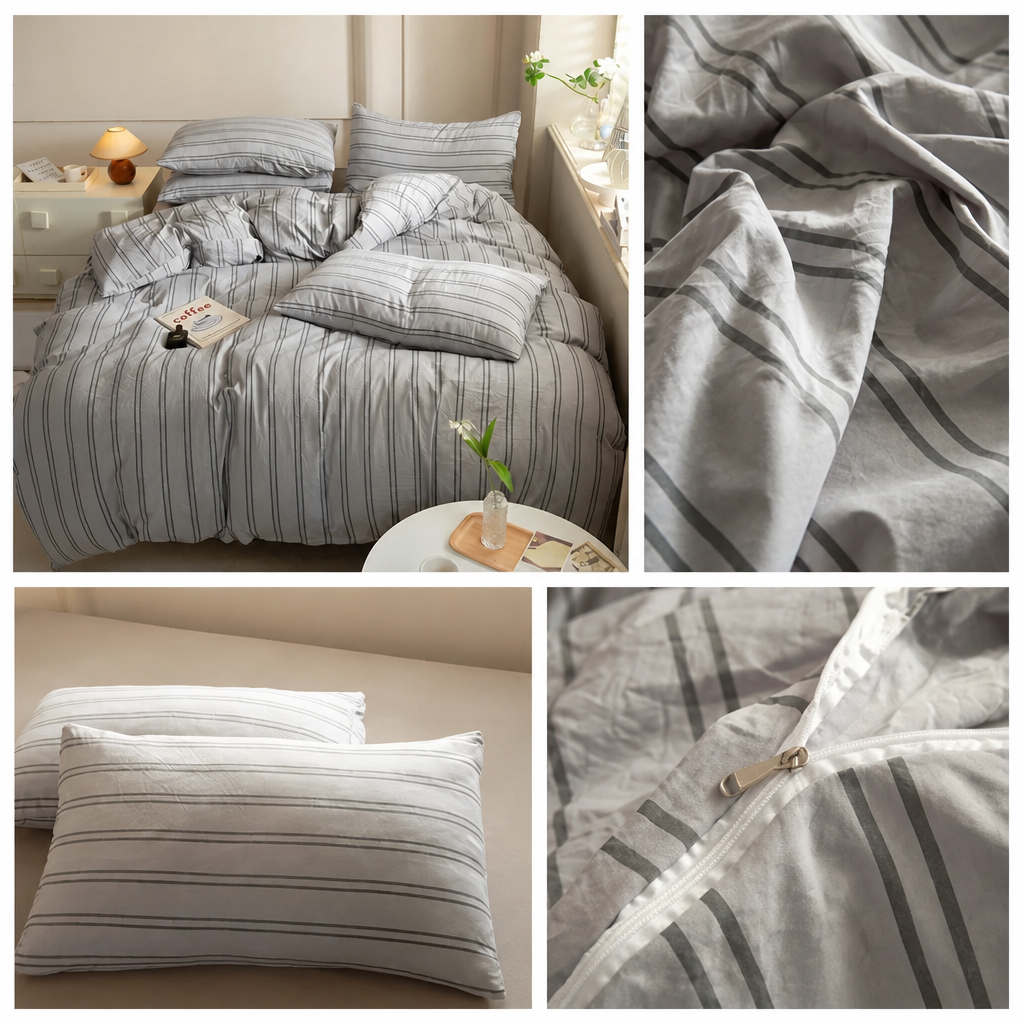 Collage of gray striped bedding set with close-up details in a bedroom setting.