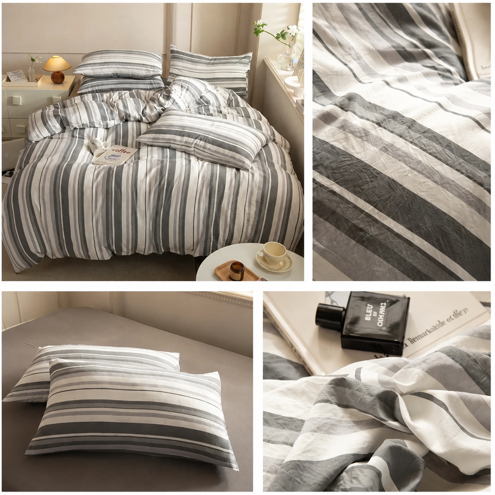 Collage of striped bedding set with close-up details in a bedroom setting.