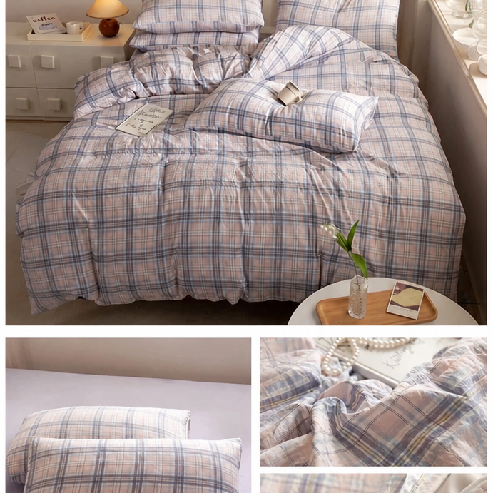 Pink and blue plaid cotton bedding set with matching pillowcases