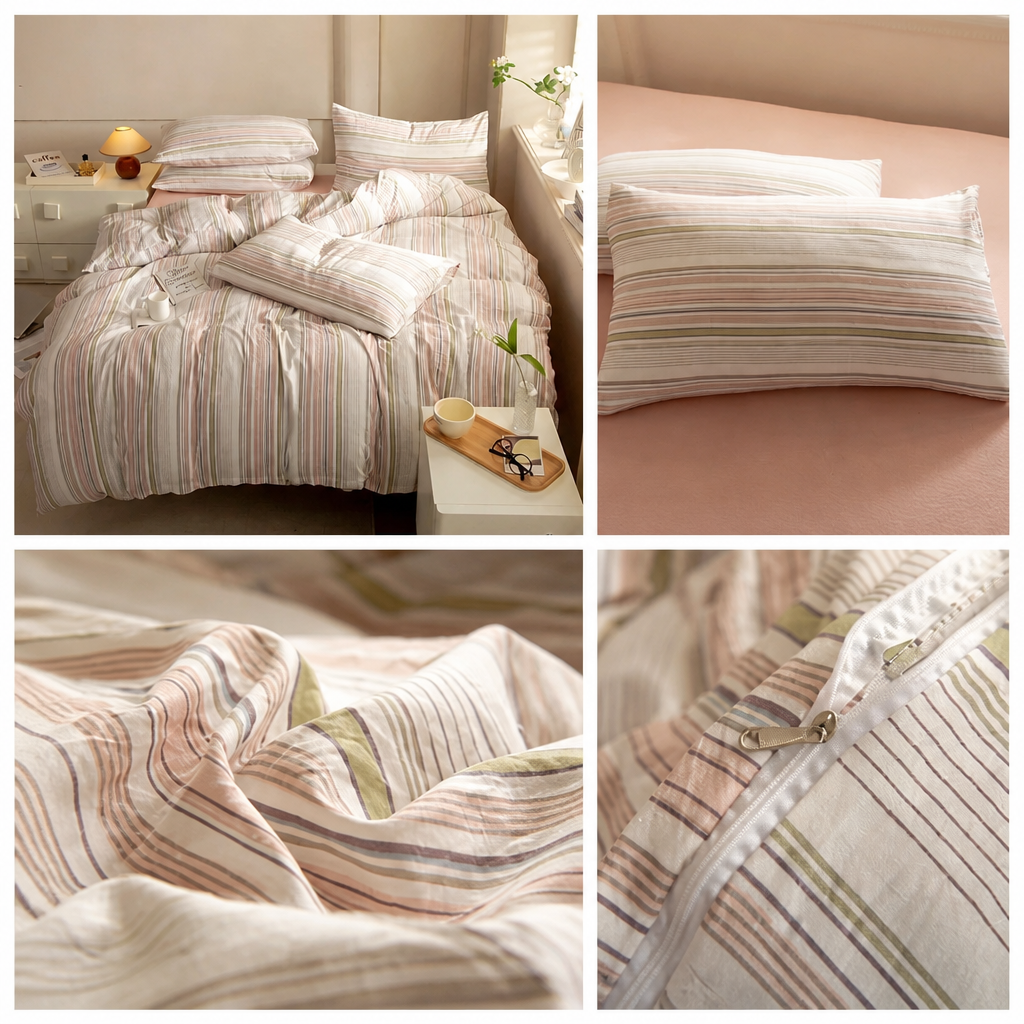 Pastel striped cotton duvet cover styled on a bed