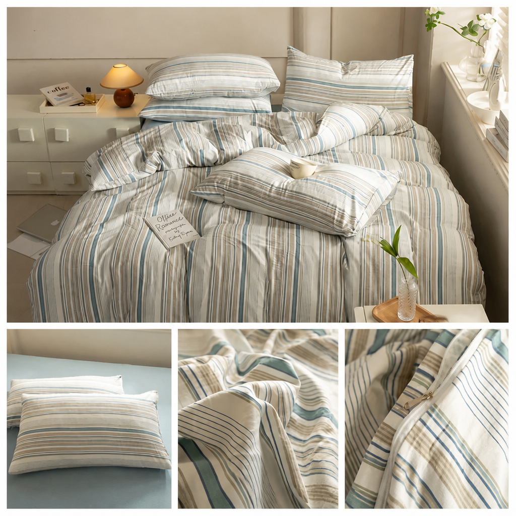 Striped bedding set on a bed with close-up details in a bedroom setting.