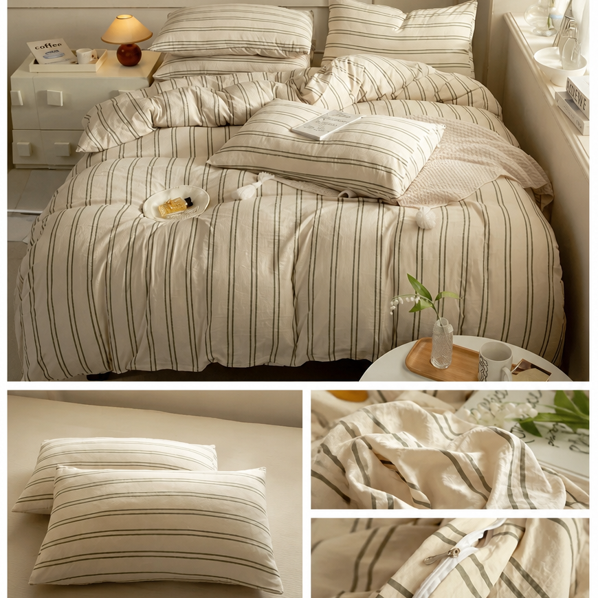 Striped bedding set on a bed with close-up details in a bedroom setting.