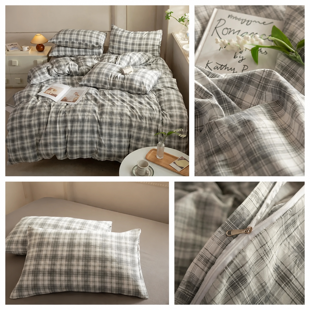 Grey plaid cotton duvet cover with matching pillowcases