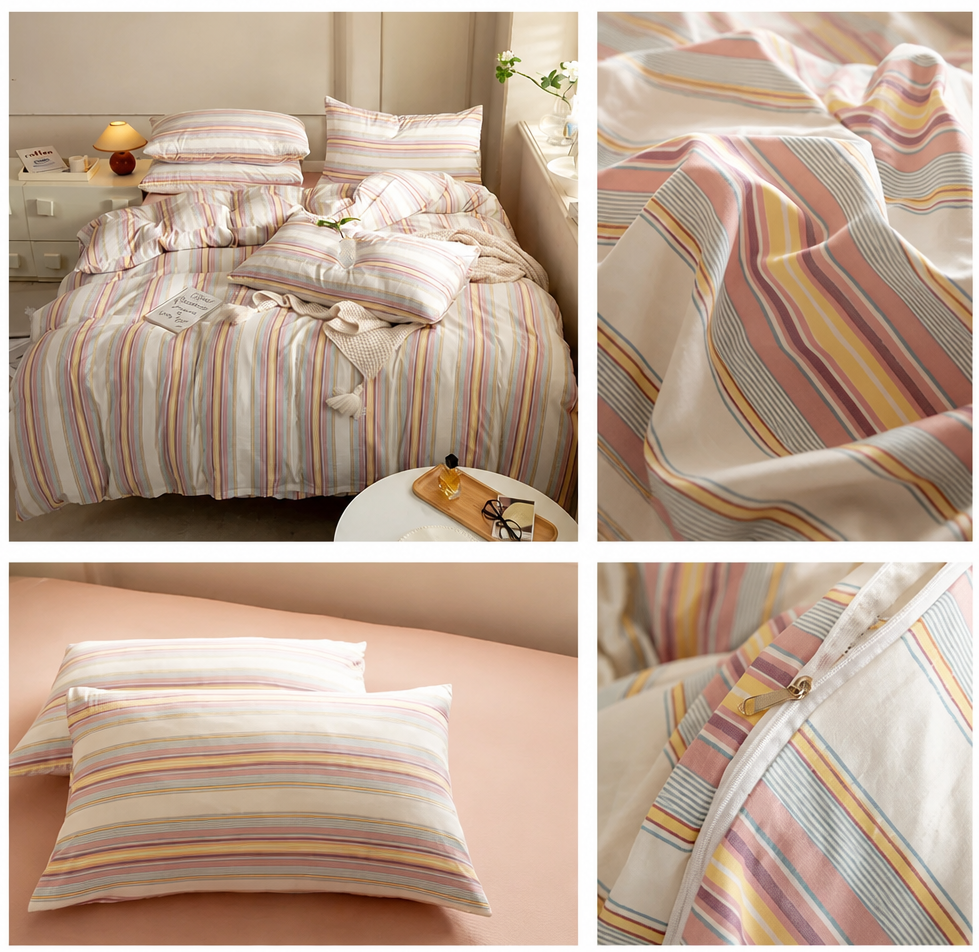 Collage of striped bedding with close-up shots on a bed and surface.