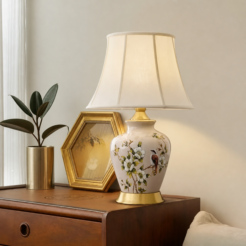 Hand-Painted Ceramic Table Lamp – Brass Base, Dimmable
