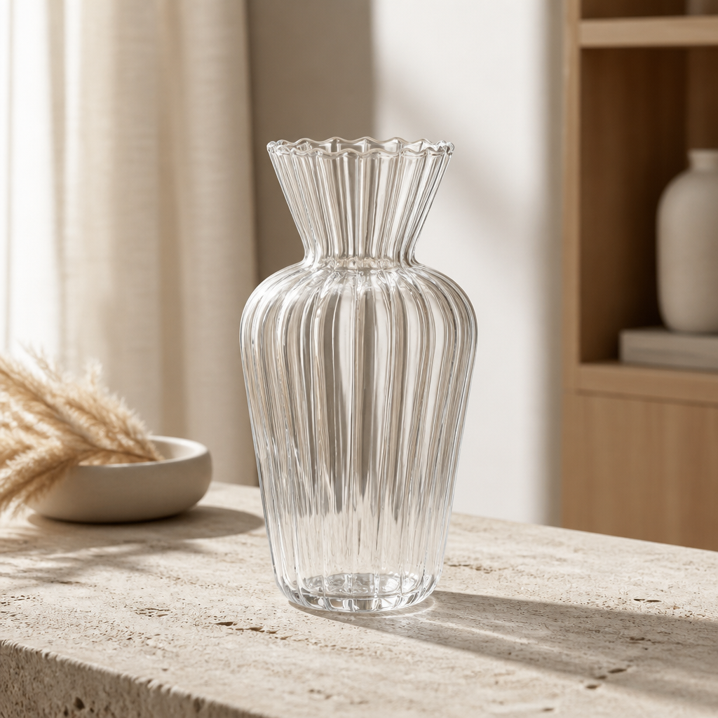 Mini jarrones de cristal y vidrio hechos a mano - Jarrones decorativos transparentes acanalados