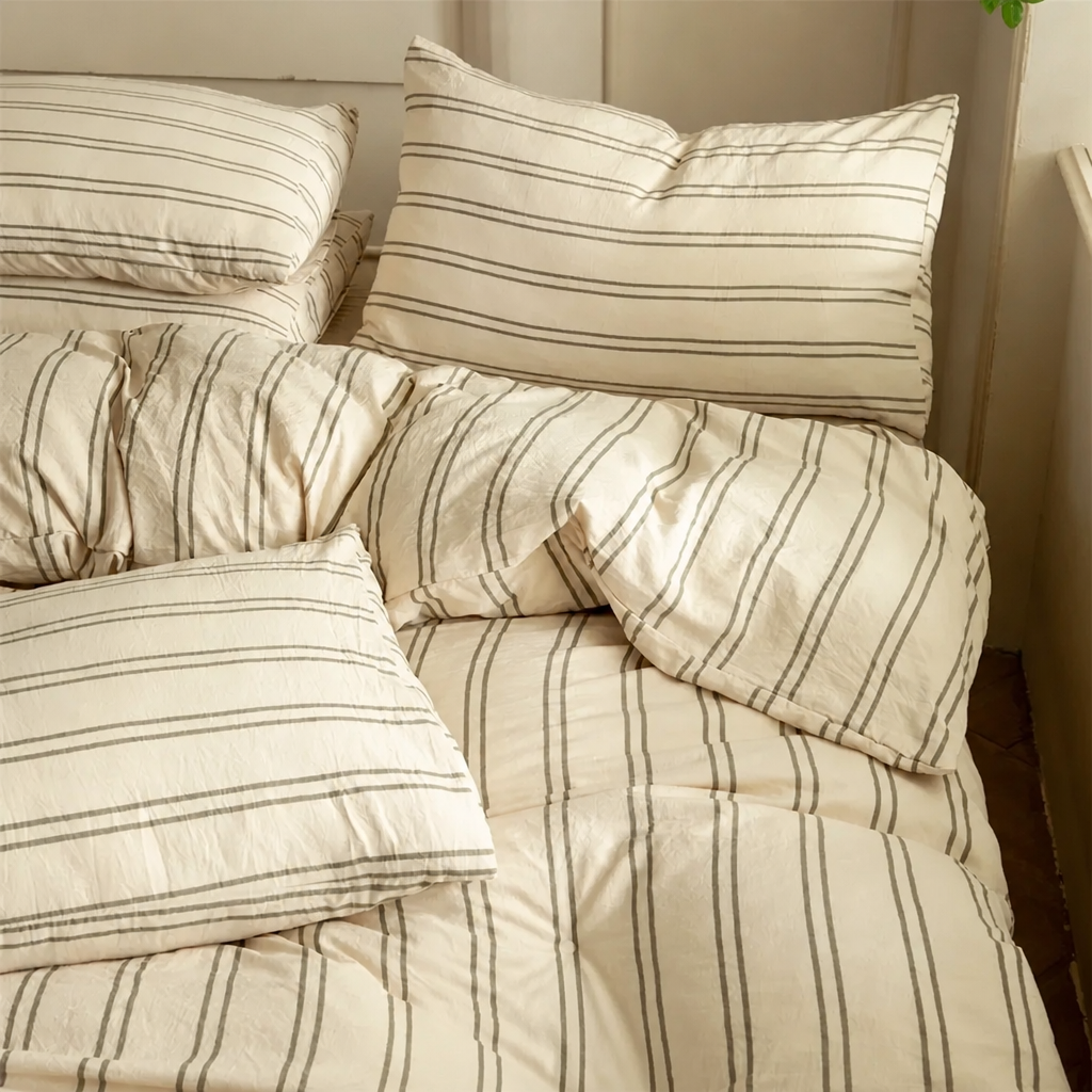 Striped bedding and pillows on a bed in a bedroom setting