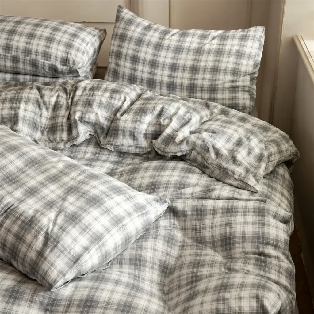 Plaid bedding set on a bed with pillows
