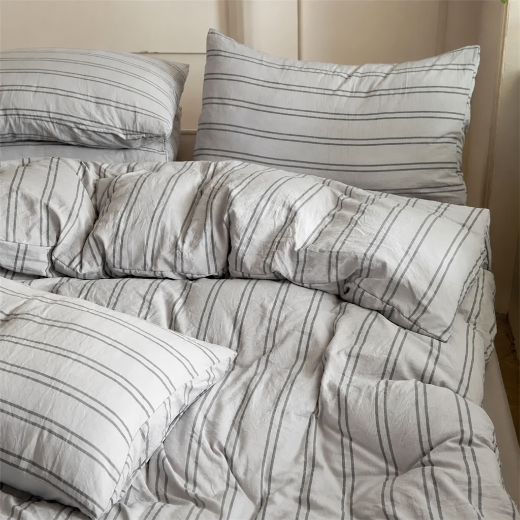 Grey striped cotton duvet cover and pillowcases
