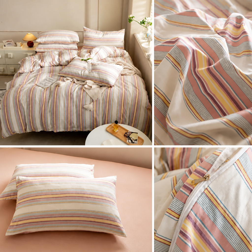 Striped bedding set on a bed with close-up details in a bedroom setting.
