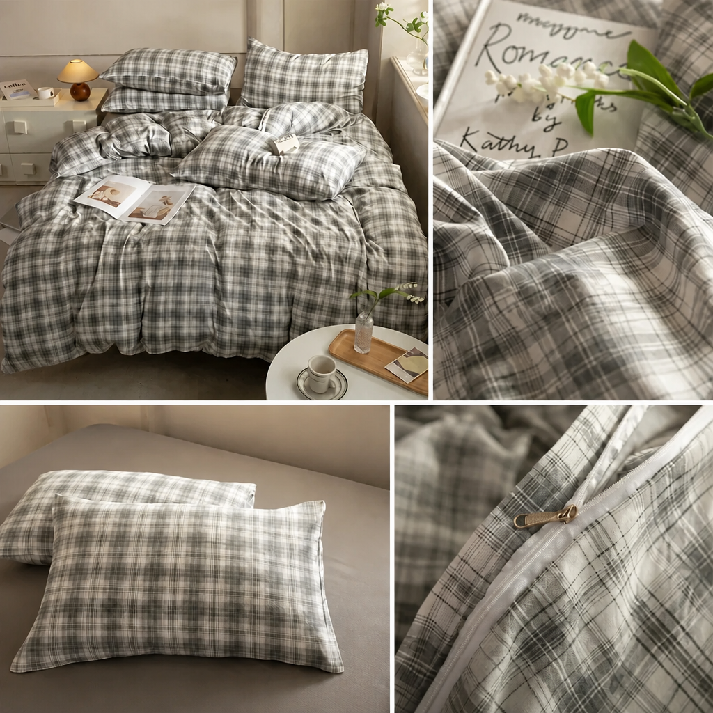 Collage of plaid bedding set with close-up details on a bed and table.