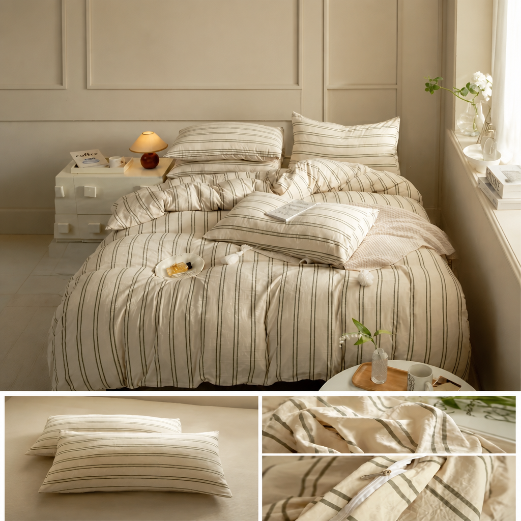 Neatly made bed with striped bedding in a bedroom setting.