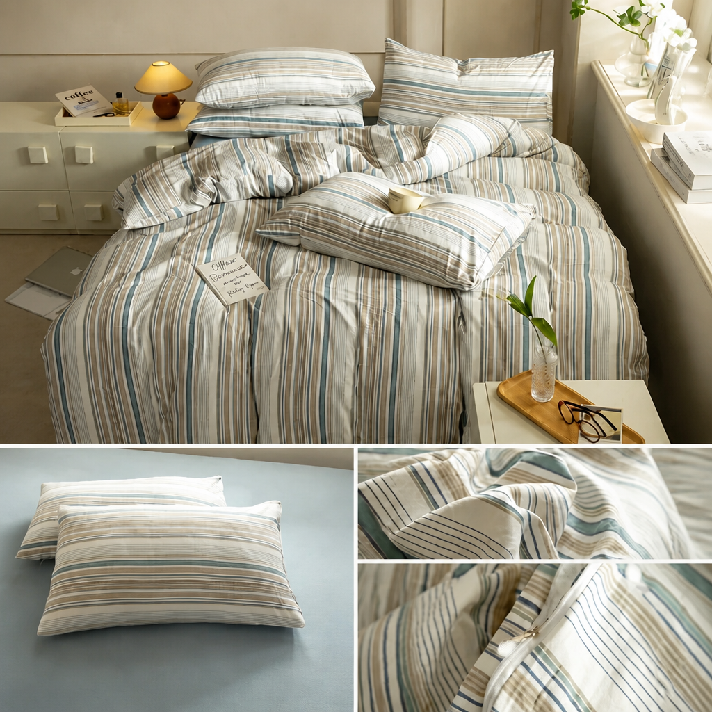 Striped bedding set on a bed with close-up details in a bedroom setting.