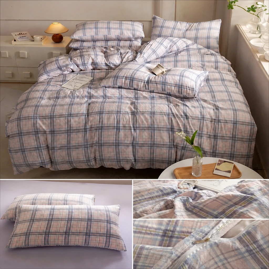 Plaid bedding set on a bed with side views and close-up details.