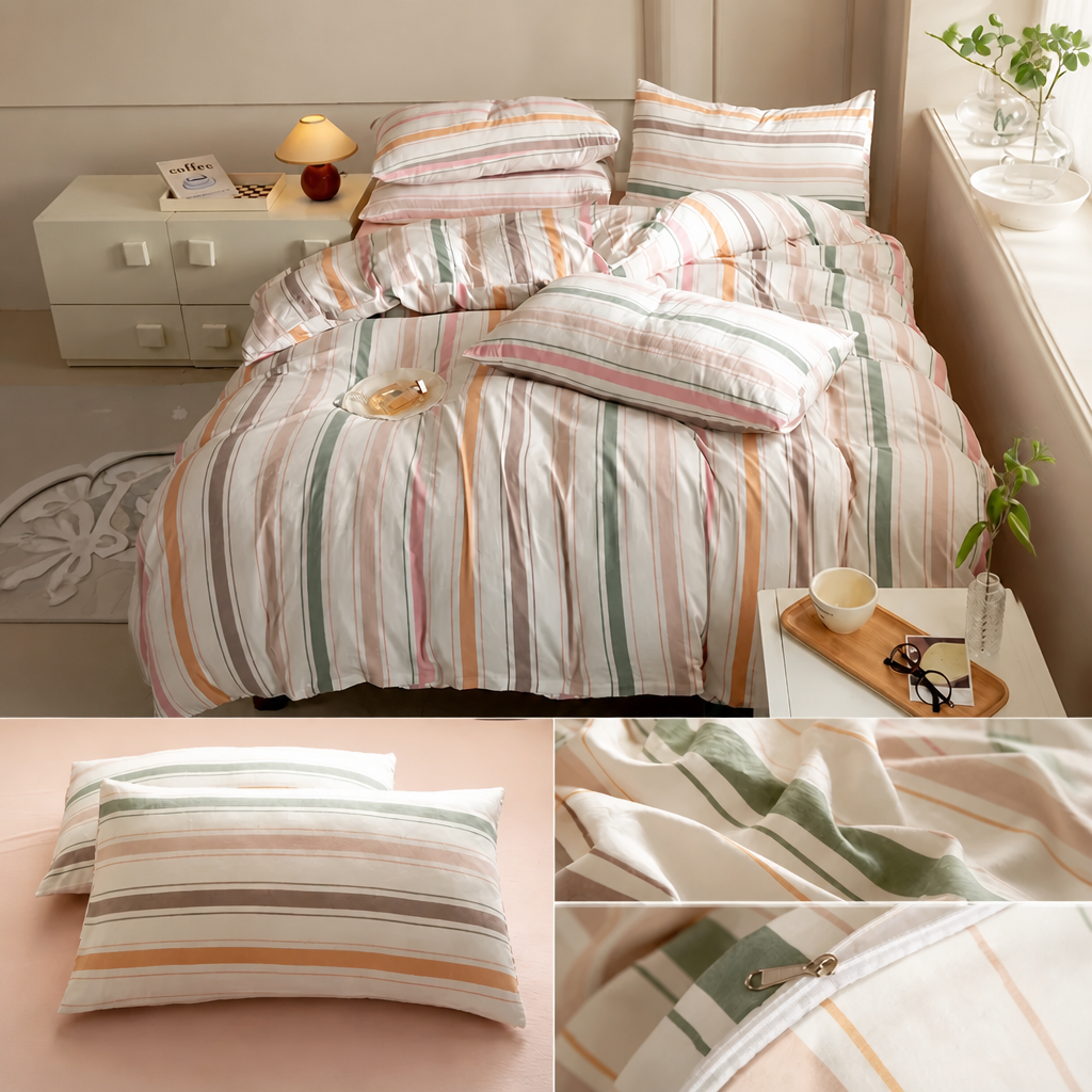 Striped bedding set on a bed with side tables and decor items.