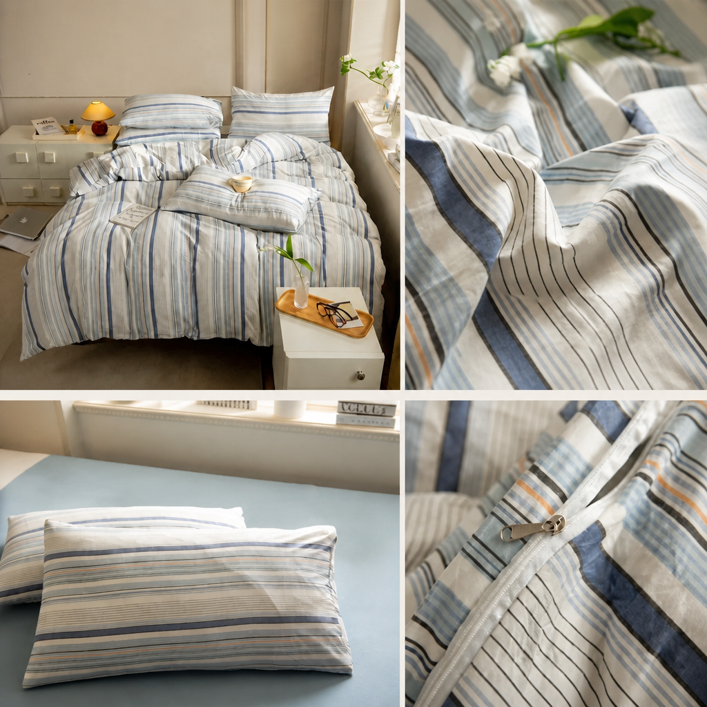 Collage of striped bedding set on a bed with close-up details.
