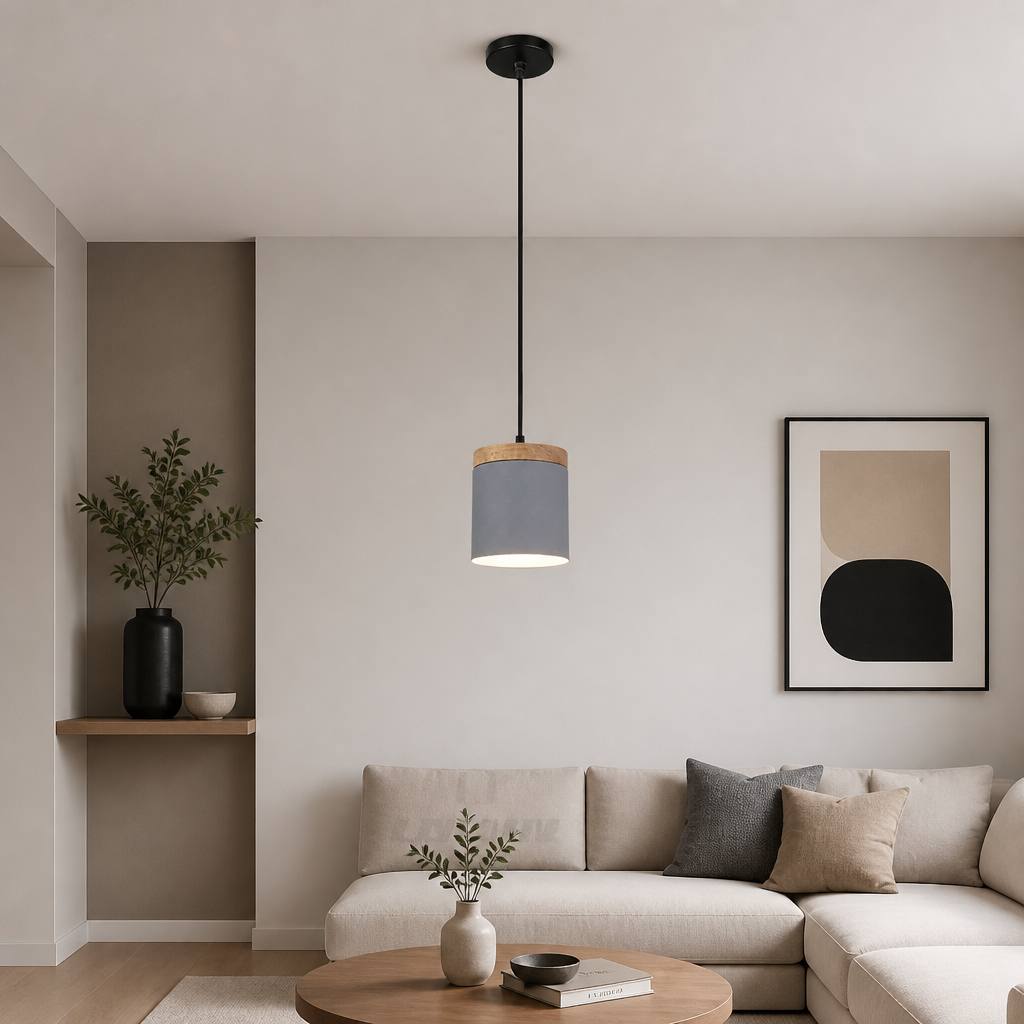 Single grey pendant light with wood cap and adjustable cord